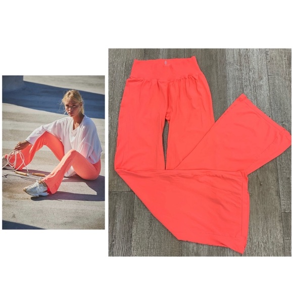 Free People Good Karma Flare Leggings Neon Coral NWOT - Picture 2 of 2